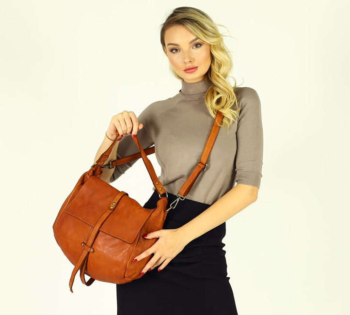 MARCO MAZZINI Torebka skórzana shopper brąz camel