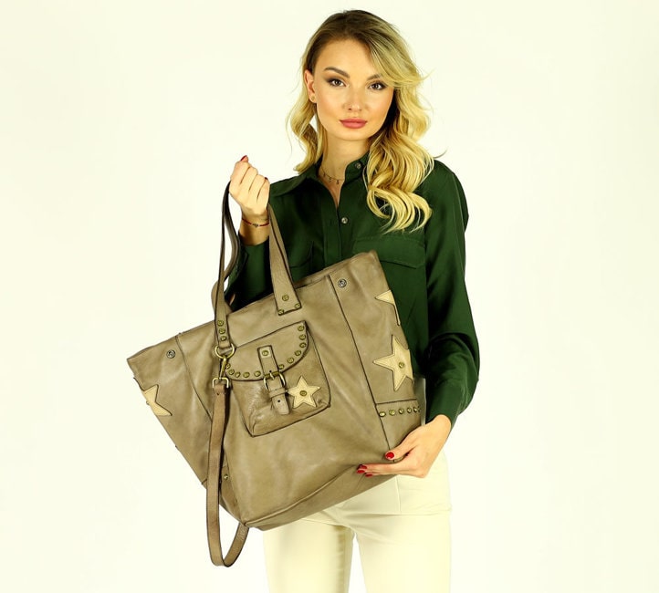 MARCO MAZZINI Oryginalna Torba damska skórzana z kieszonką shopper leather star bag beż cappuccino