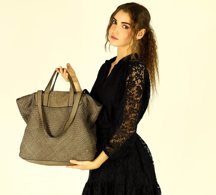Torba damska pleciona shopper & shoulder leather bag - MARCO MAZZINI beż taupe