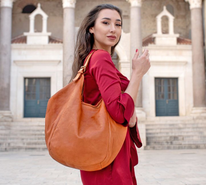 Torebka skórzana damska classic handmade shopping bag - MARCO MAZZINI brąz camel