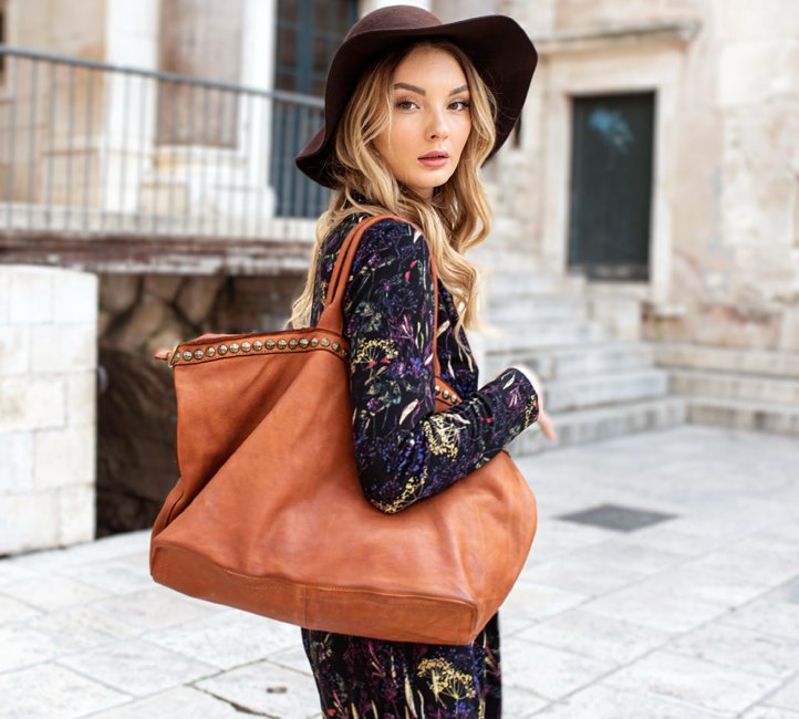 Marco Mazzini Torebka skórzana dżety big shopper camel