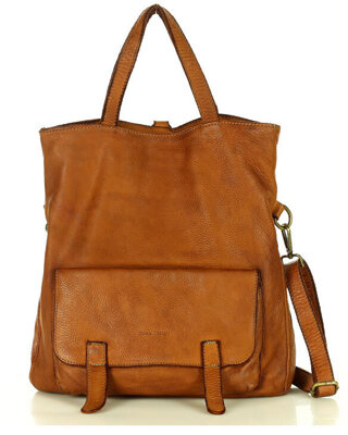 Skórzana torebka plecak z kieszenią z przodu - MARCO MAZZINI brąz camel