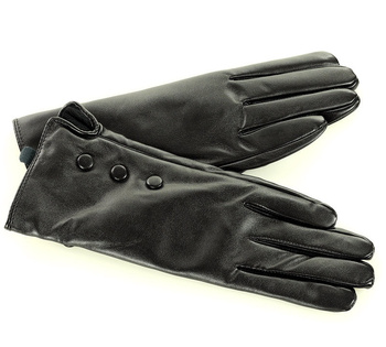 Wodoodporne rękawiczki damskie z eko skóry z guziczkami - czarne