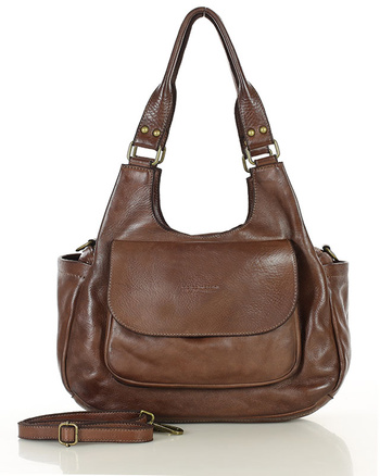 Włoska torebka skórzana z kieszenią z przodu retro bag handmade - MARCO MAZZINI czekoladowy brąz