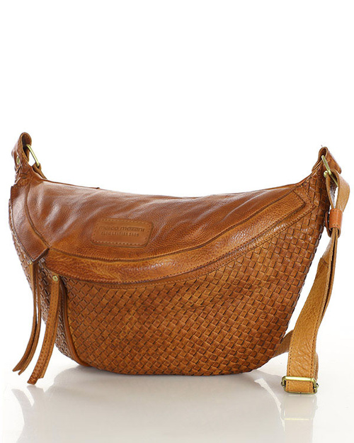 Duża torebka nerka półksiężyc skóra pleciona - MARCO MAZZINI brąz camel