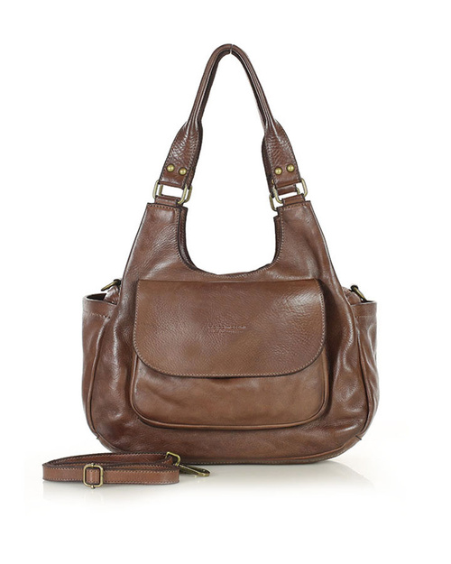 Włoska torebka skórzana z kieszenią z przodu retro bag handmade - MARCO MAZZINI czekoladowy brąz