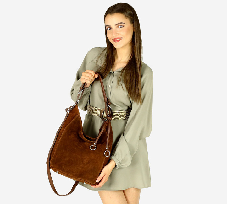 Torebka worek skórzana na ramię pojemna hobo leather bag - MARCO MAZZINI nubuk brąz migdałowy